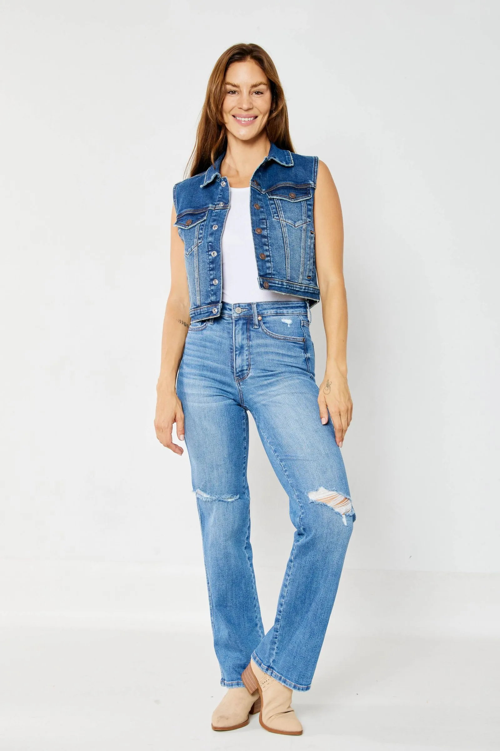 Judy Blue High Waist "Tummy Control" Knee Destroy Straight Denim 88785