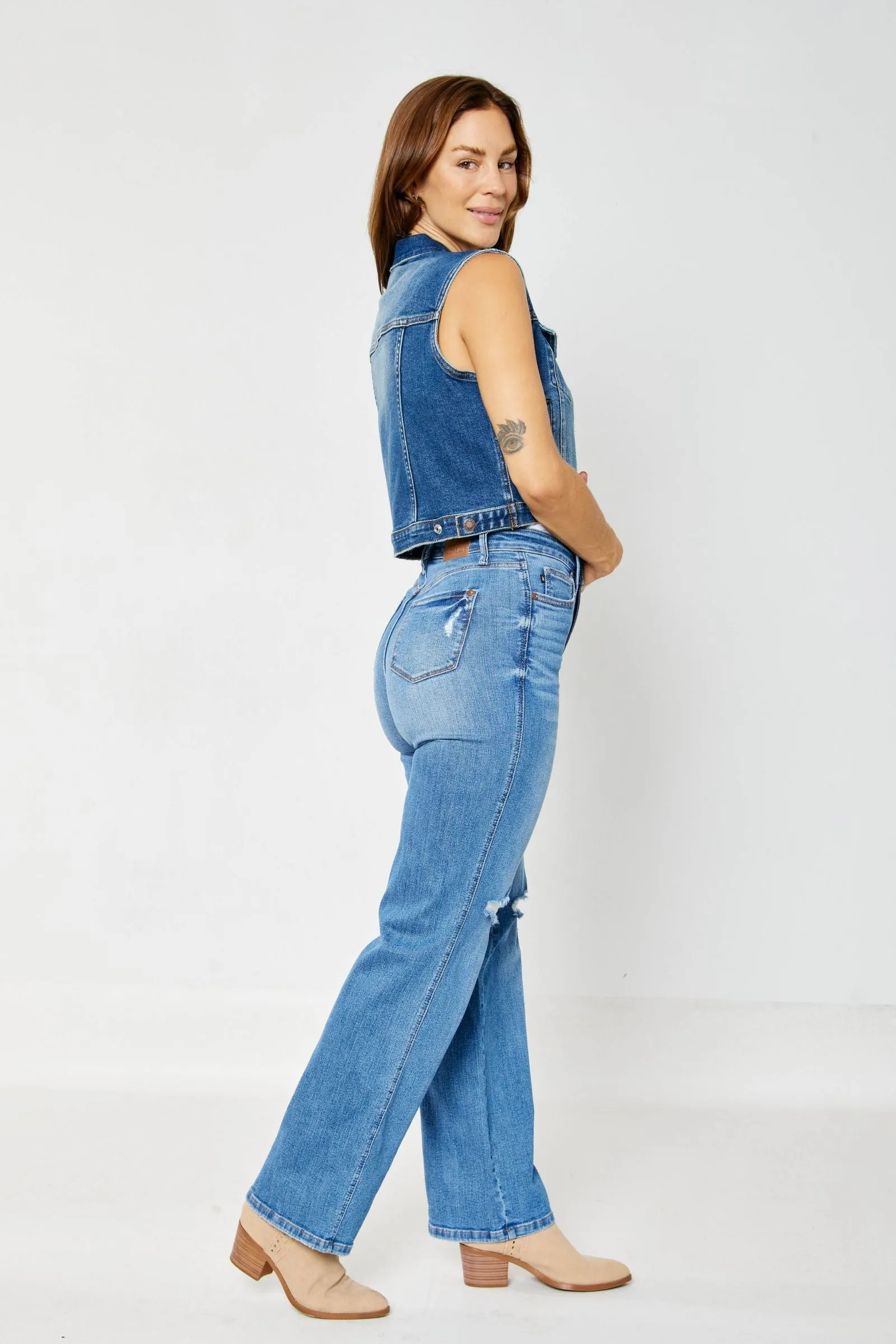 Judy Blue High Waist "Tummy Control" Knee Destroy Straight Denim 88785