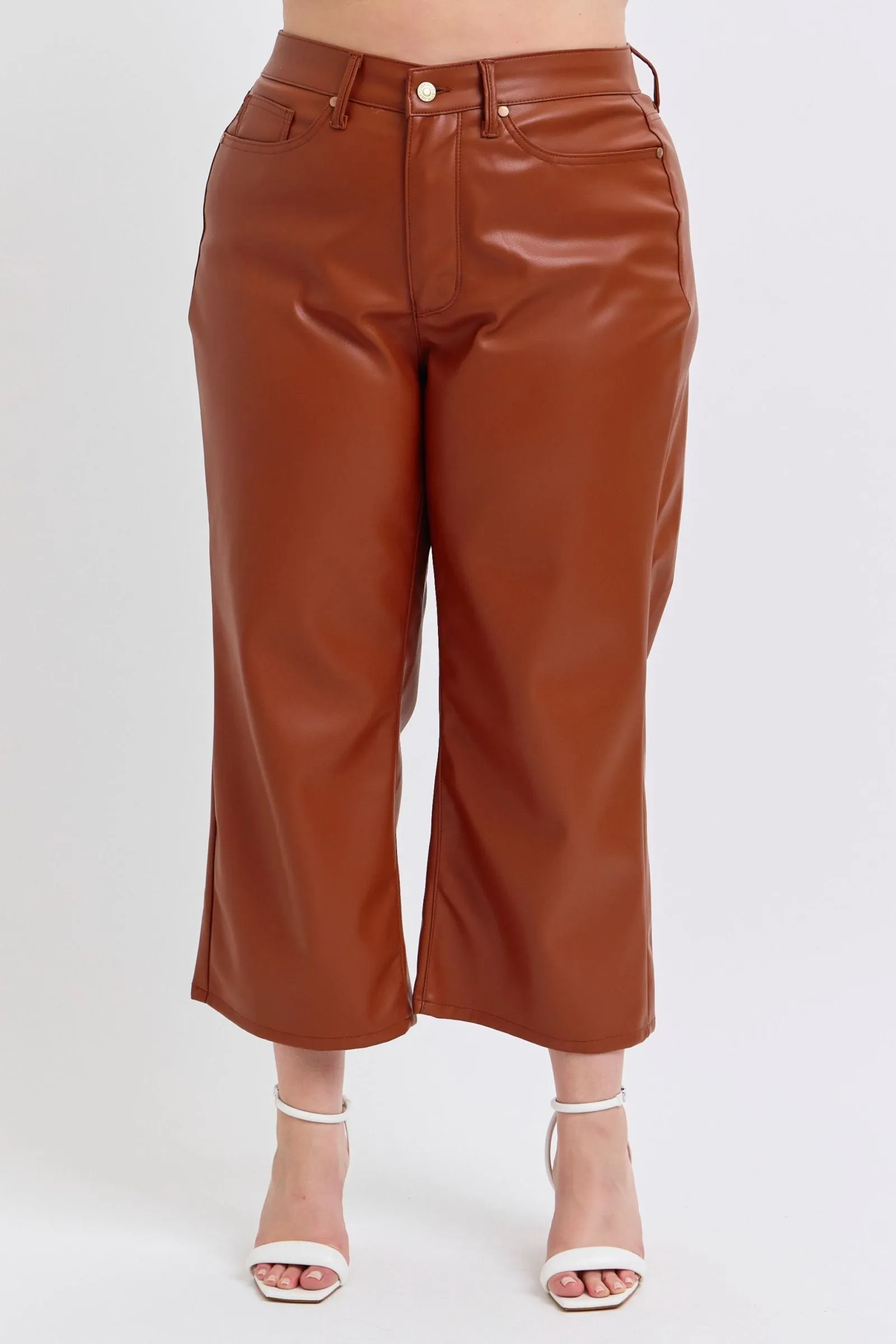 Judy Blue High Waist Tummy Control Camel Faux Leather Wide Leg Crop Denim 88900