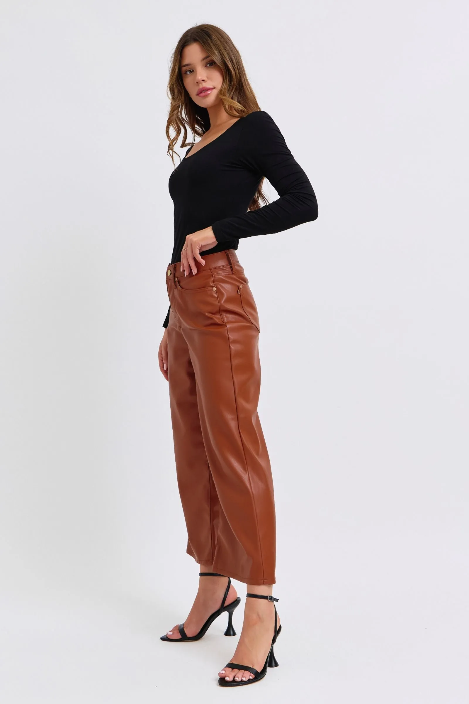 Judy Blue High Waist Tummy Control Camel Faux Leather Wide Leg Crop Denim 88900