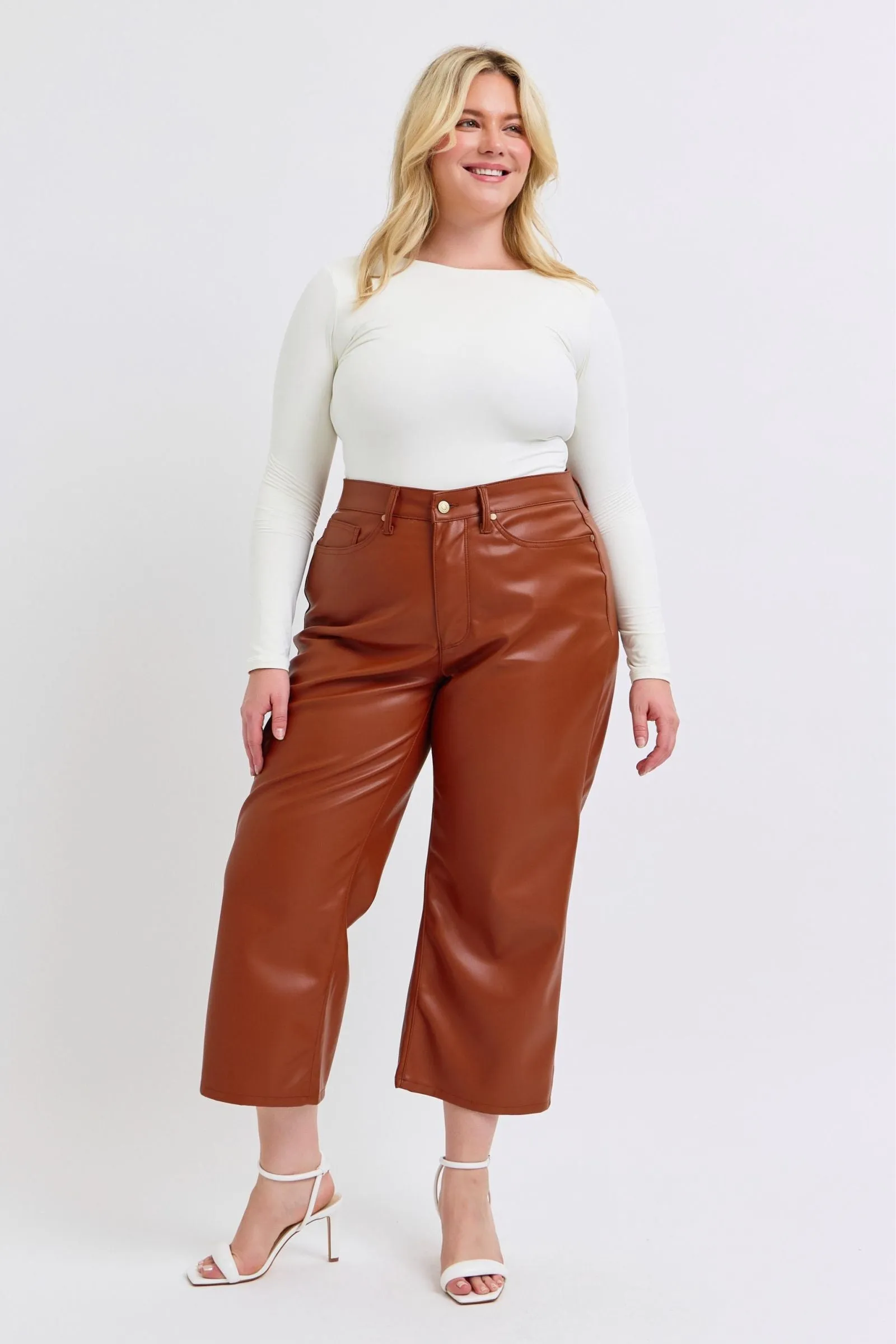 Judy Blue High Waist Tummy Control Camel Faux Leather Wide Leg Crop Denim 88900