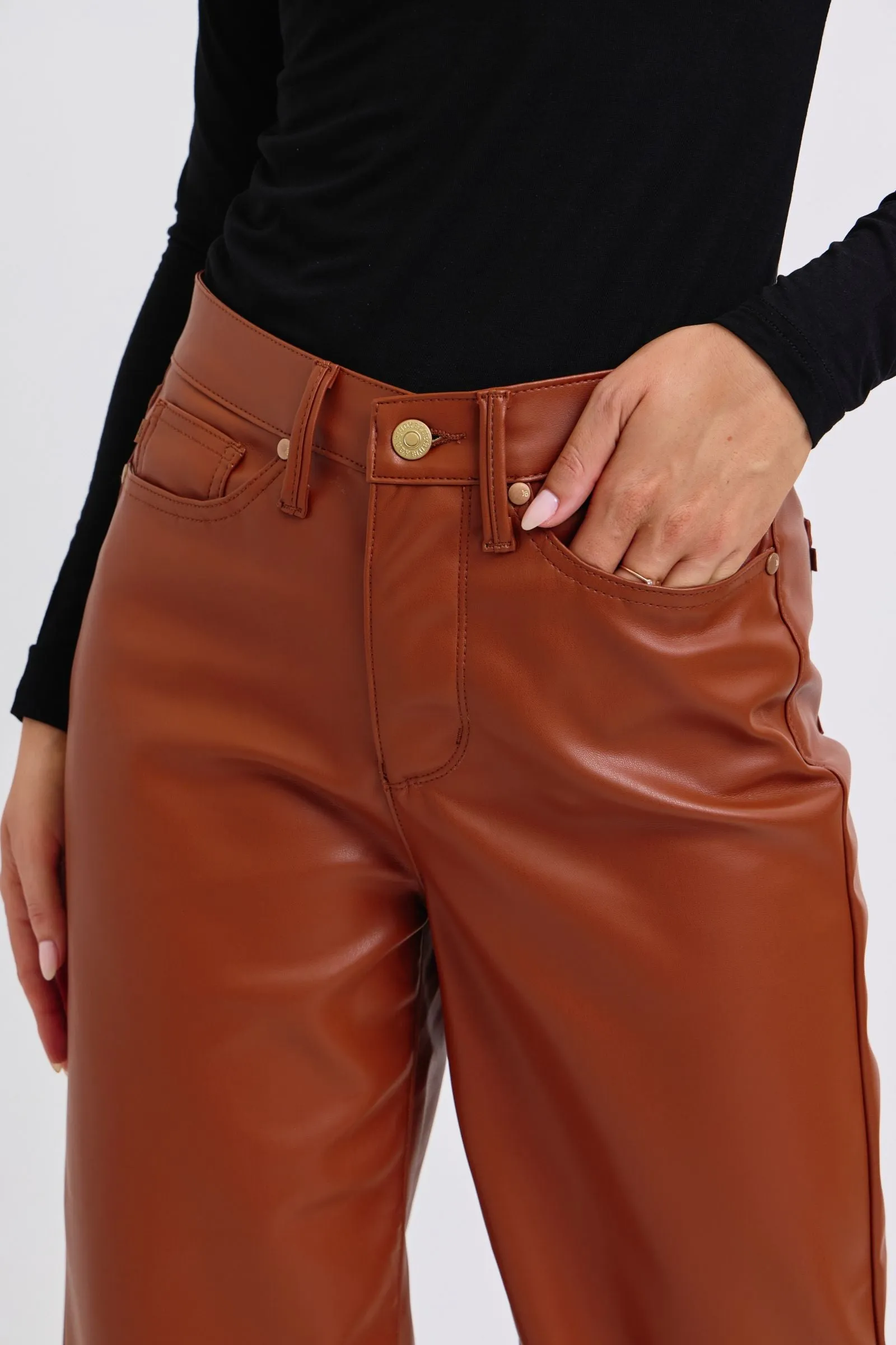 Judy Blue High Waist Tummy Control Camel Faux Leather Wide Leg Crop Denim 88900