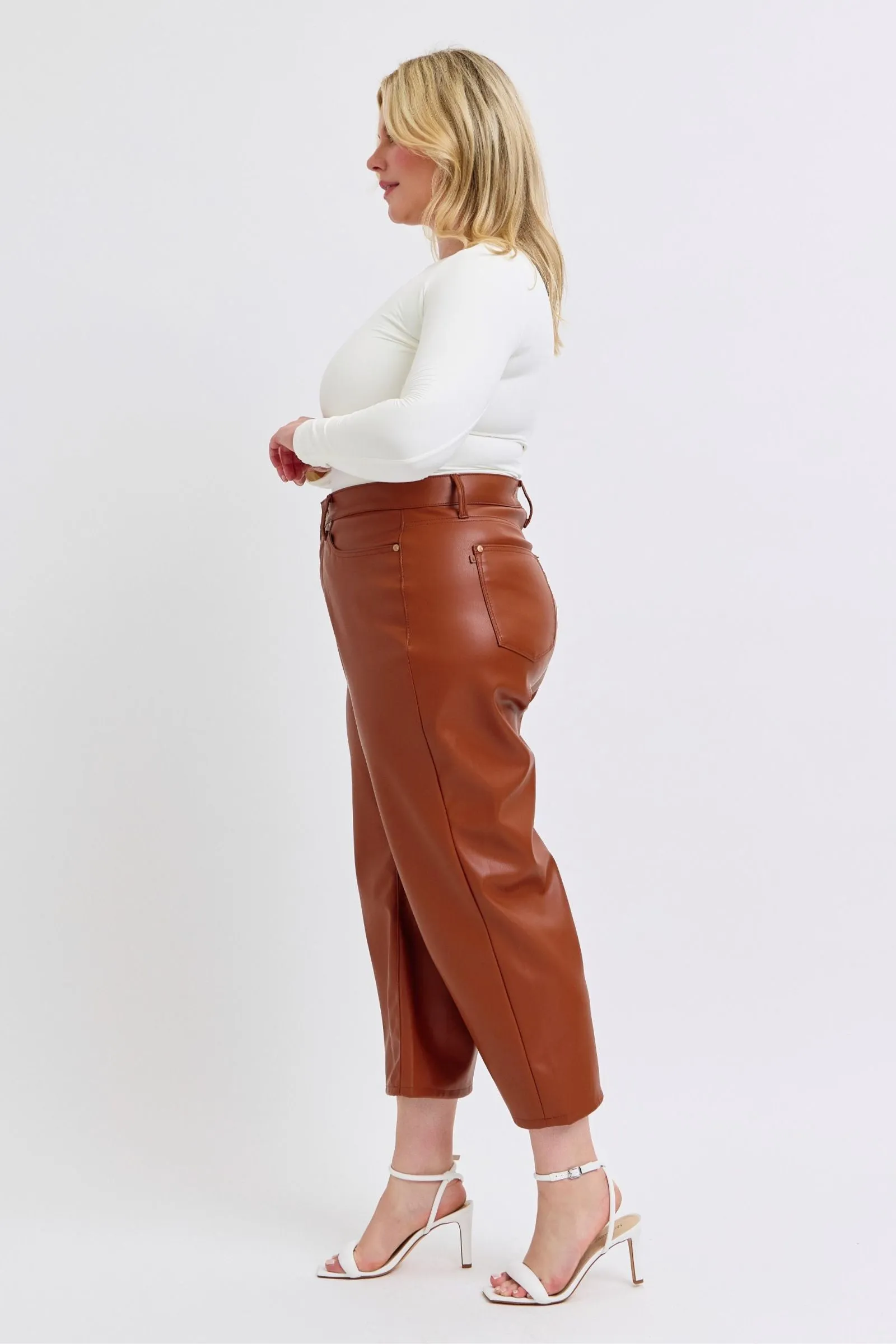 Judy Blue High Waist Tummy Control Camel Faux Leather Wide Leg Crop Denim 88900