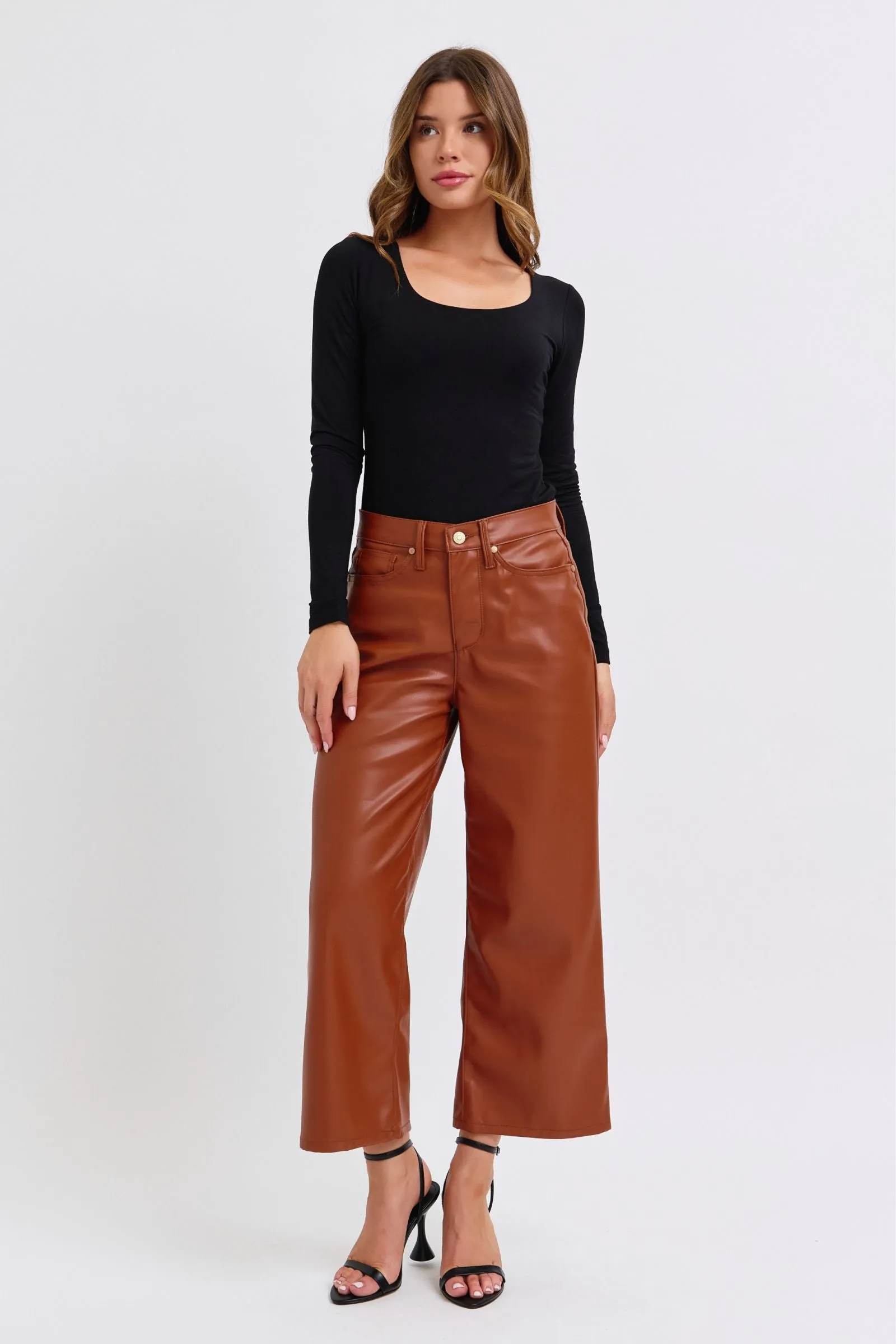 Judy Blue High Waist Tummy Control Camel Faux Leather Wide Leg Crop Denim 88900