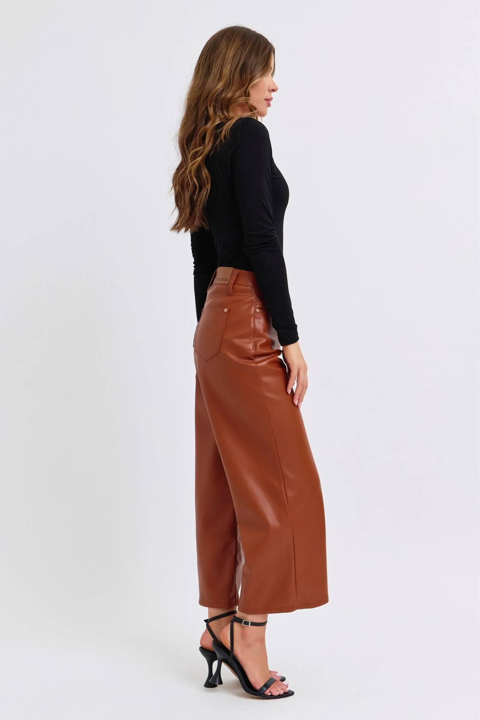 Judy Blue High Waist Tummy Control Camel Faux Leather Wide Leg Crop Denim 88900