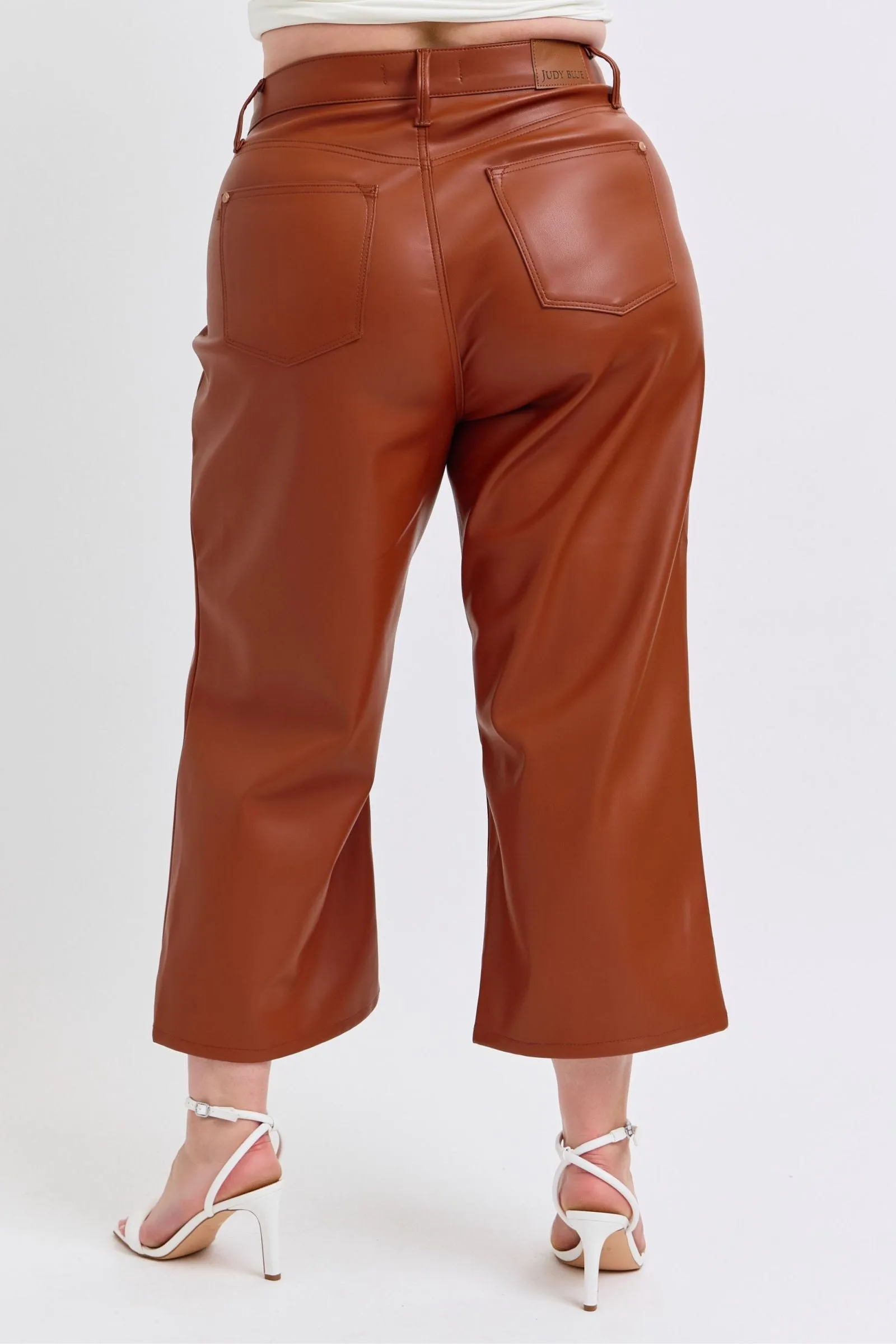 Judy Blue High Waist Tummy Control Camel Faux Leather Wide Leg Crop Denim 88900