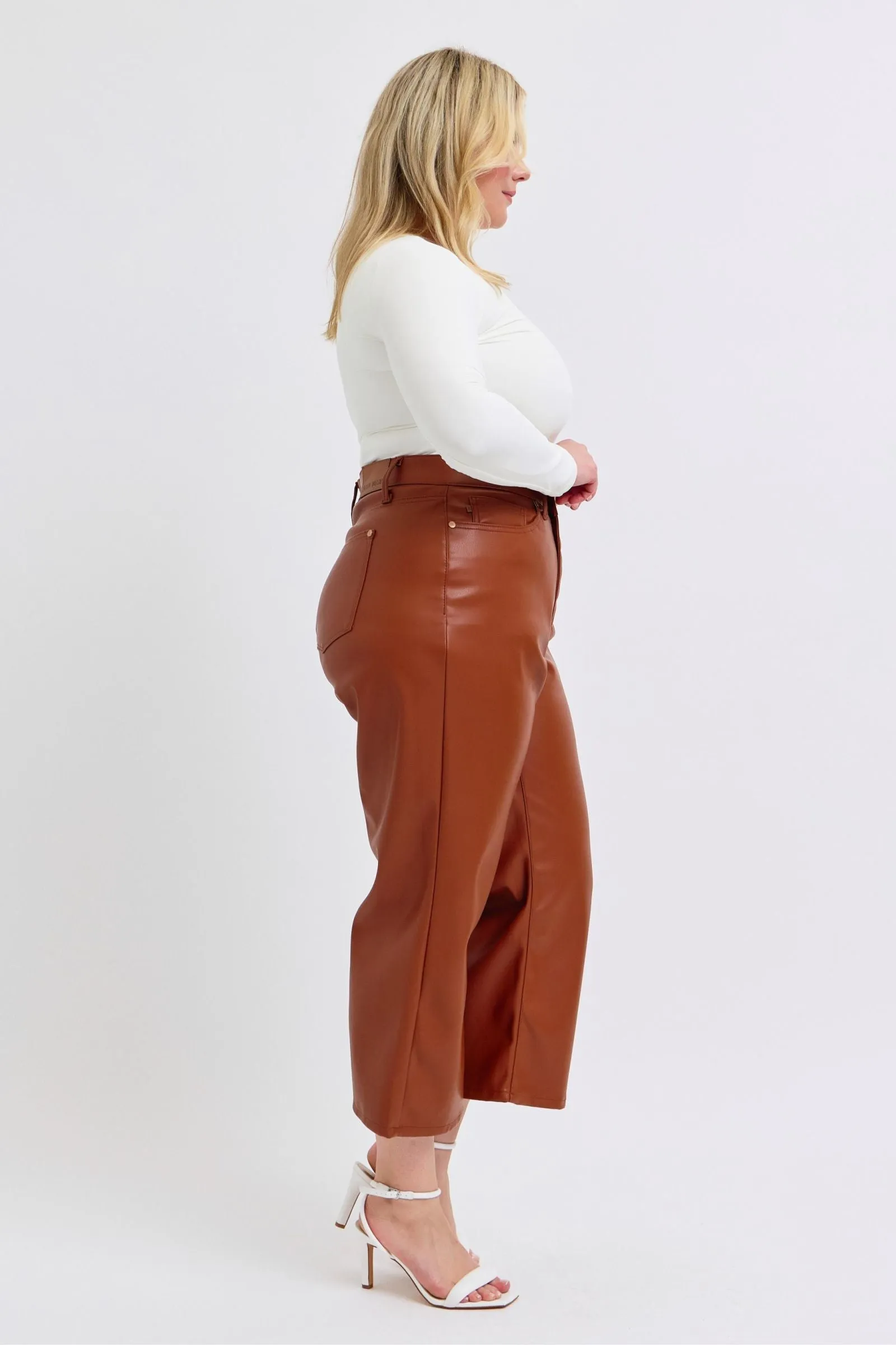 Judy Blue High Waist Tummy Control Camel Faux Leather Wide Leg Crop Denim 88900