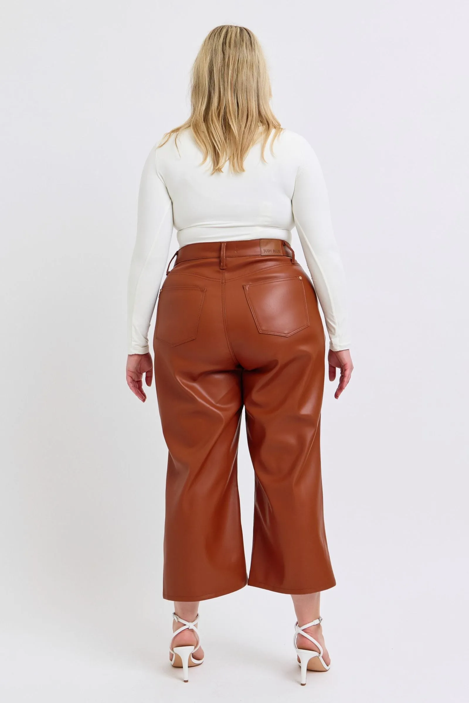 Judy Blue High Waist Tummy Control Camel Faux Leather Wide Leg Crop Denim 88900