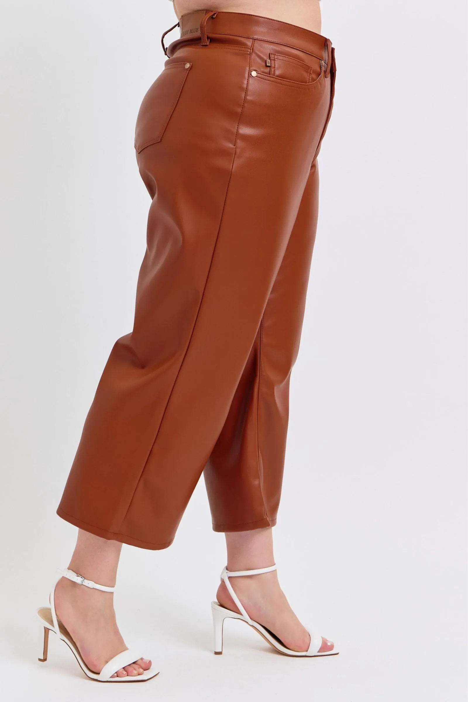 Judy Blue High Waist Tummy Control Camel Faux Leather Wide Leg Crop Denim 88900