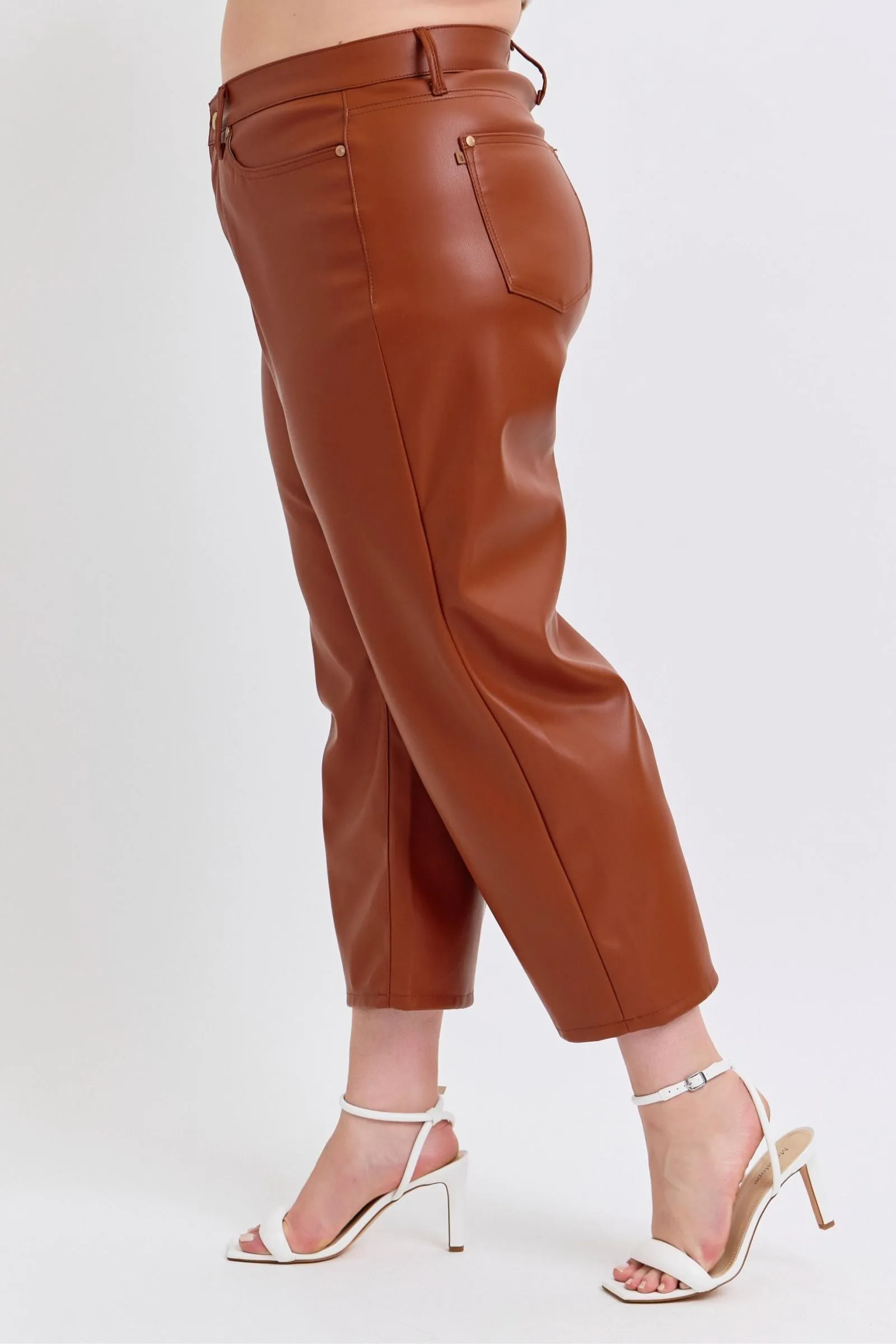 Judy Blue High Waist Tummy Control Camel Faux Leather Wide Leg Crop Denim 88900