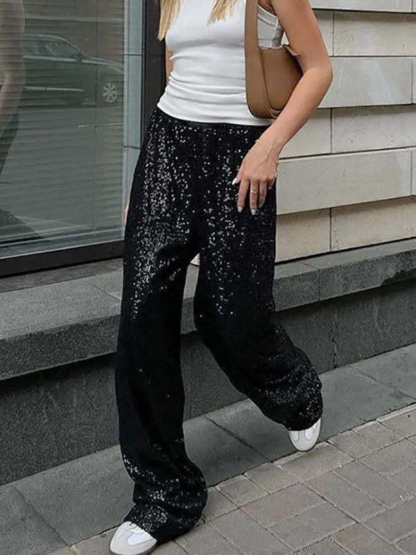 Loose Wide Leg Elasticity Sequined Pants Trousers