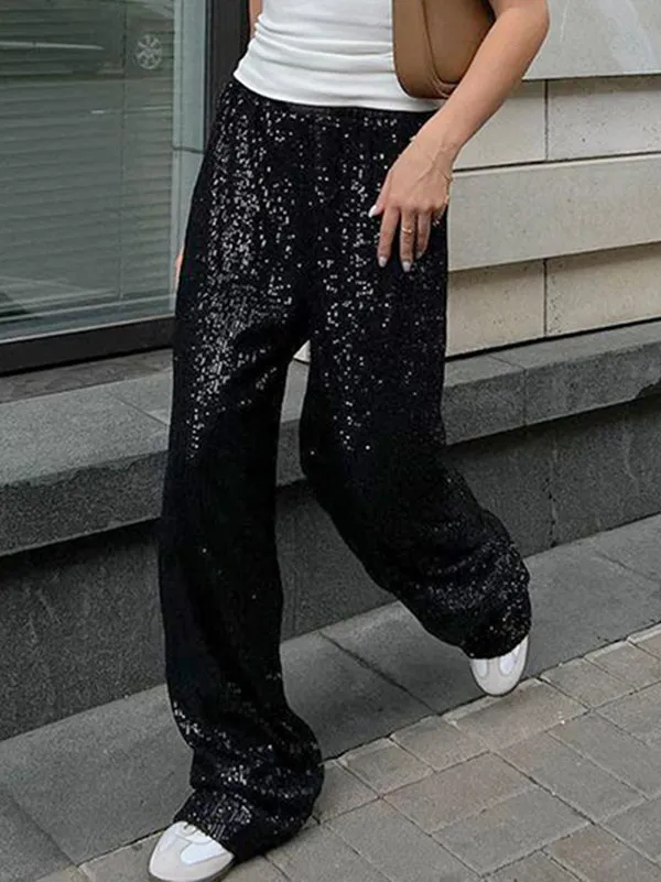 Loose Wide Leg Elasticity Sequined Pants Trousers