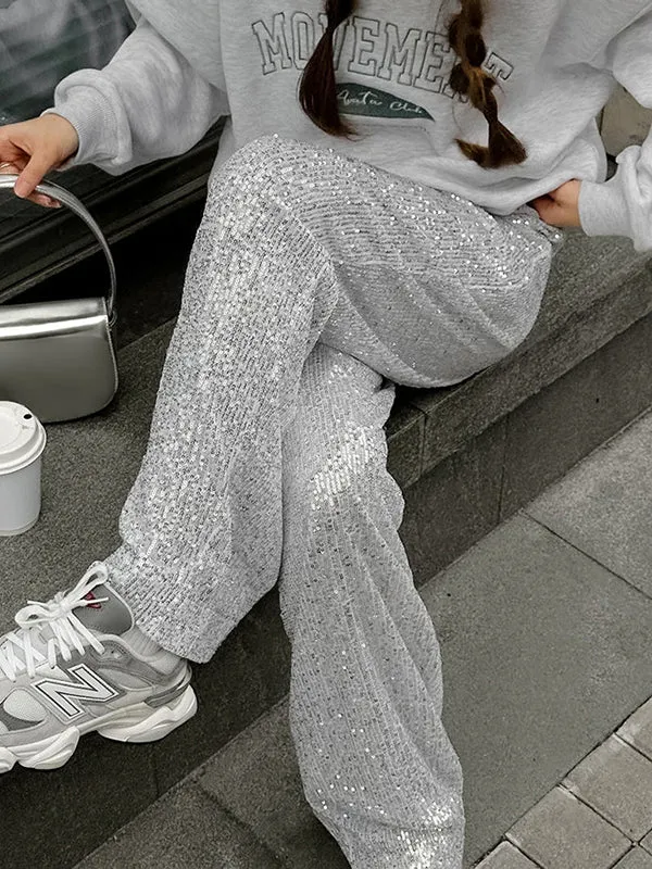 Loose Wide Leg Elasticity Sequined Pants Trousers