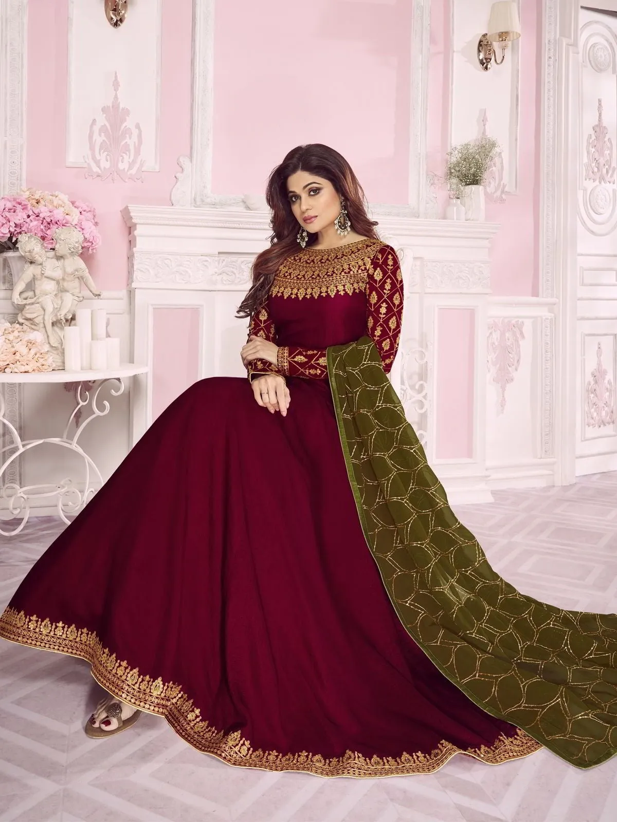 Marron And Green Traditional Embroidered Anarkali Suit