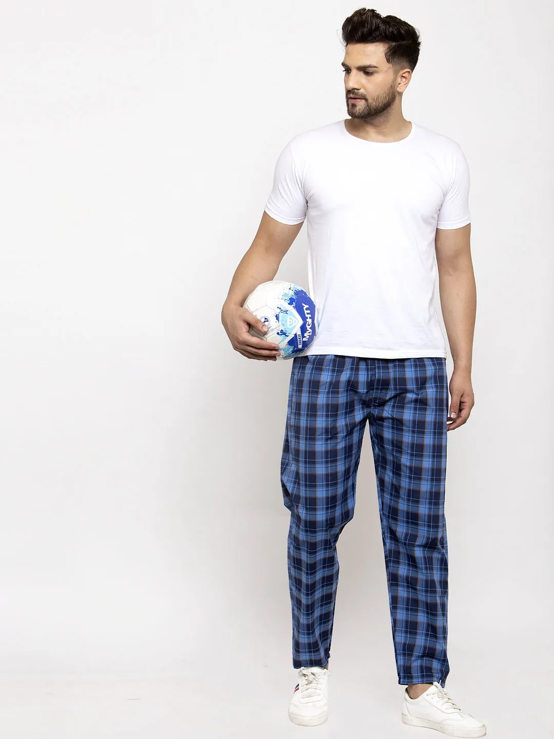 Men's Blue Checked Cotton Track Pants ( JOG 013Royal-Blue ) - Jainish