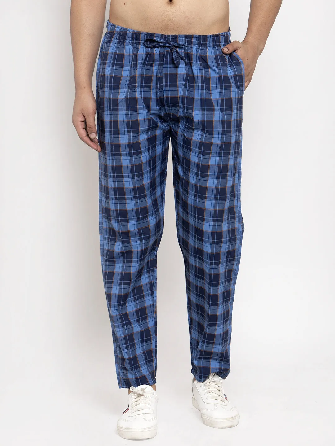 Men's Blue Checked Cotton Track Pants ( JOG 013Royal-Blue ) - Jainish