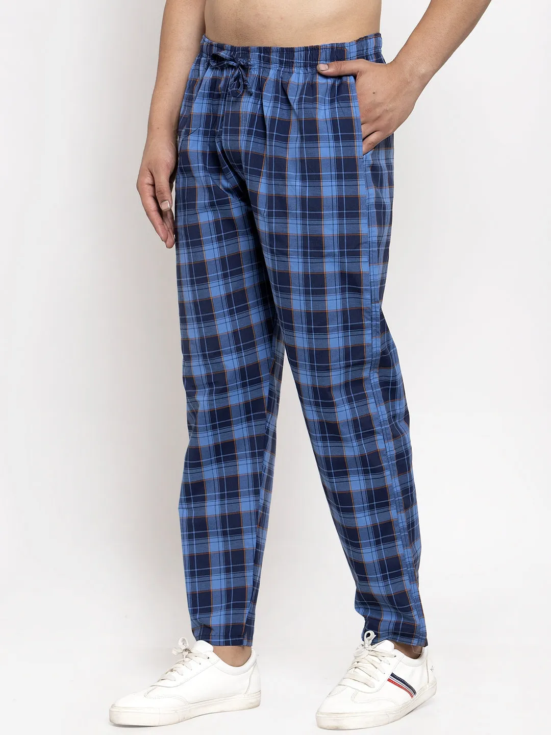 Men's Blue Checked Cotton Track Pants ( JOG 013Royal-Blue ) - Jainish