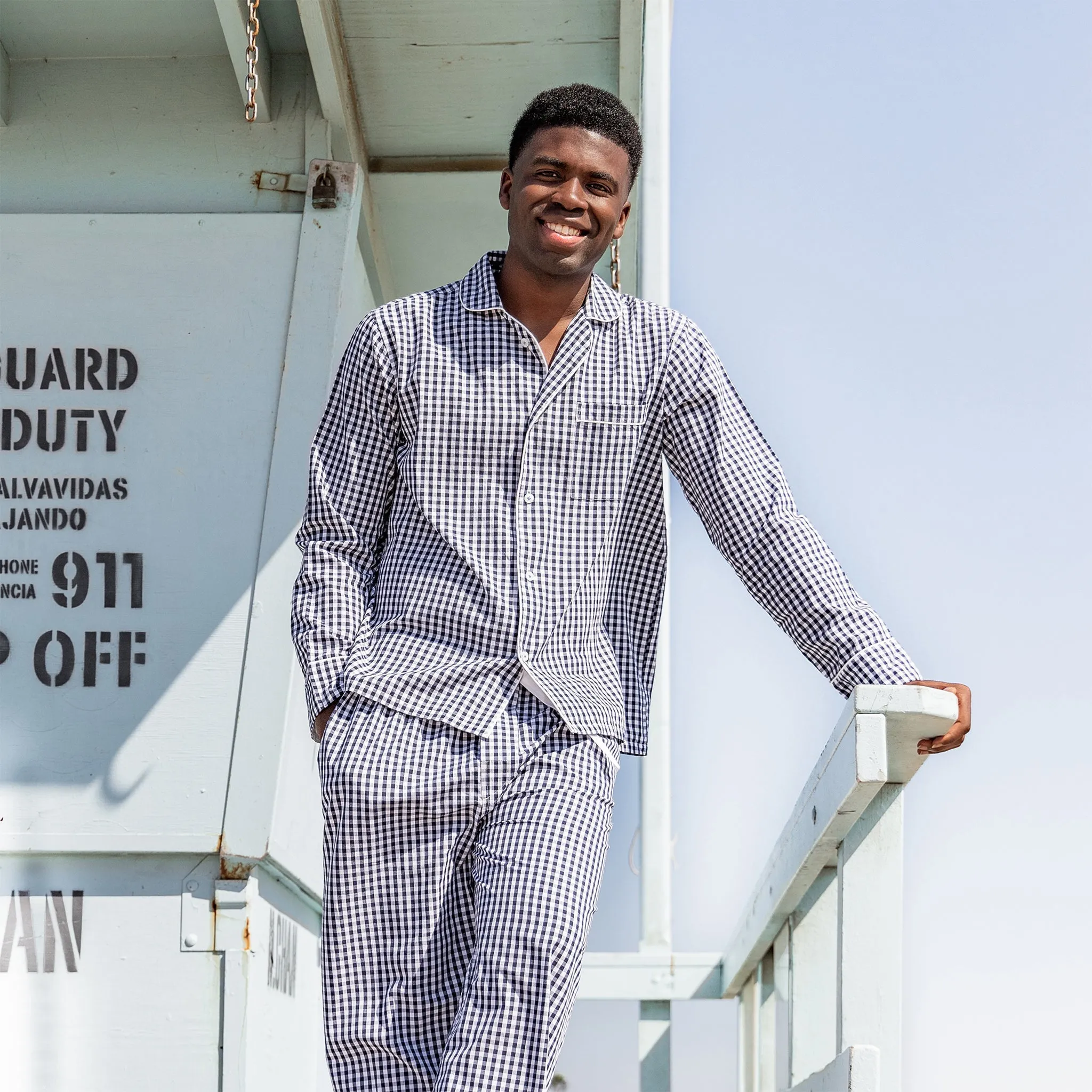 Men's Hepburn Gingham Navy Long Pj Set