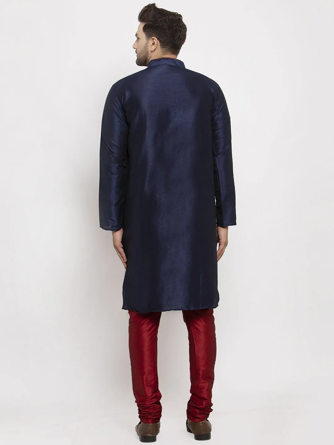 Men's Navy Blue Solid Kurta With Maroon Churidaar Pyjama - Benstoke