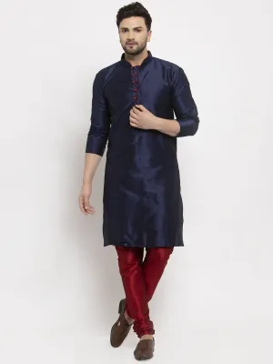 Men's Navy Blue Solid Kurta With Maroon Churidaar Pyjama - Benstoke