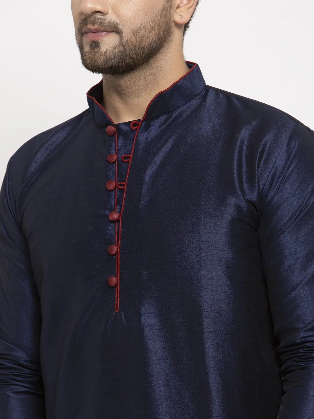 Men's Navy Blue Solid Kurta With Maroon Churidaar Pyjama - Benstoke