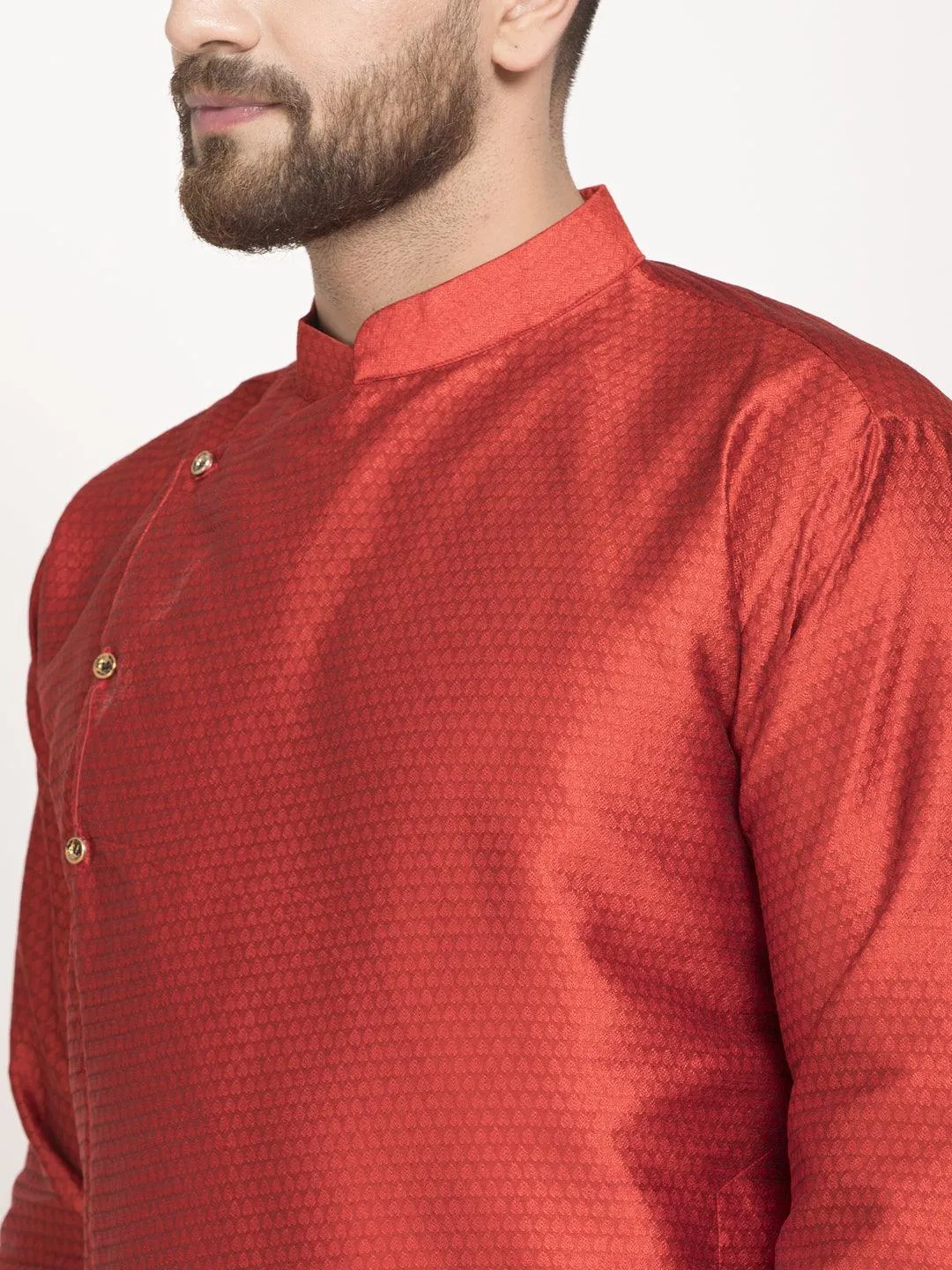 Men's Red Self Design Kurta With White Churidaar Pyjama - Benstoke