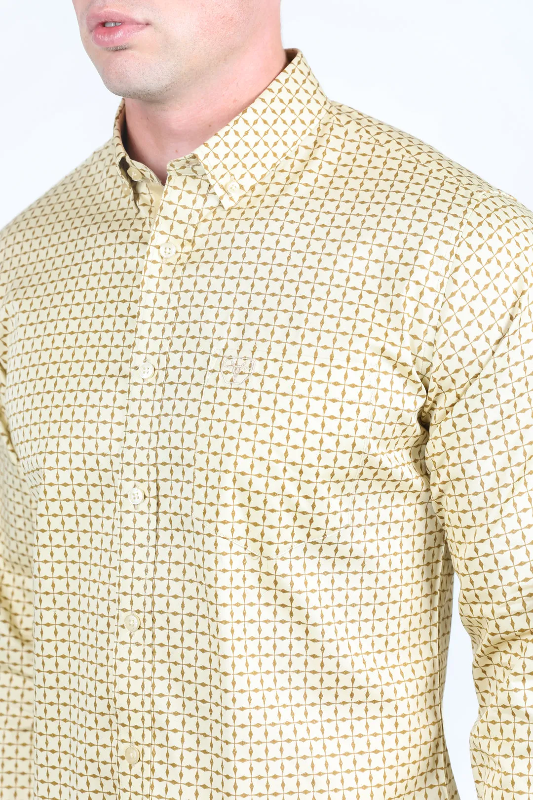 Mens Satin Cotton/Spandex Modern Fit Long Sleeve Shirt - Beige