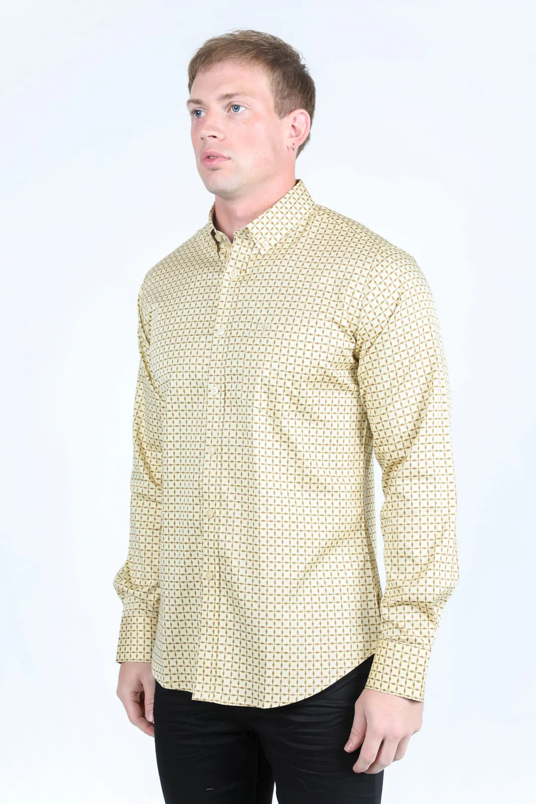 Mens Satin Cotton/Spandex Modern Fit Long Sleeve Shirt - Beige