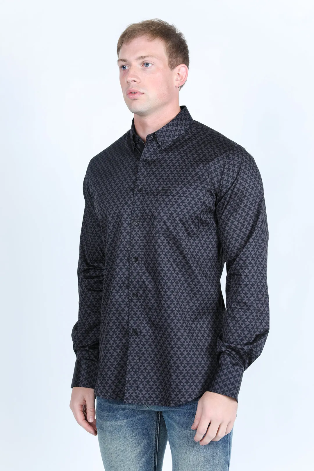 Mens Satin Cotton/Spandex Modern Fit Long Sleeve Shirt - Black