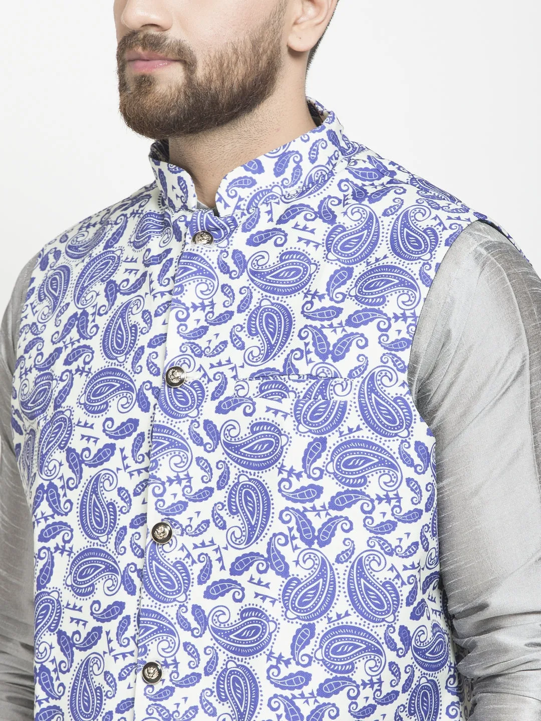 Men's Silk Blend Grey Kurta With Pyjama & Blue Printed Nehru Jacket - Benstoke