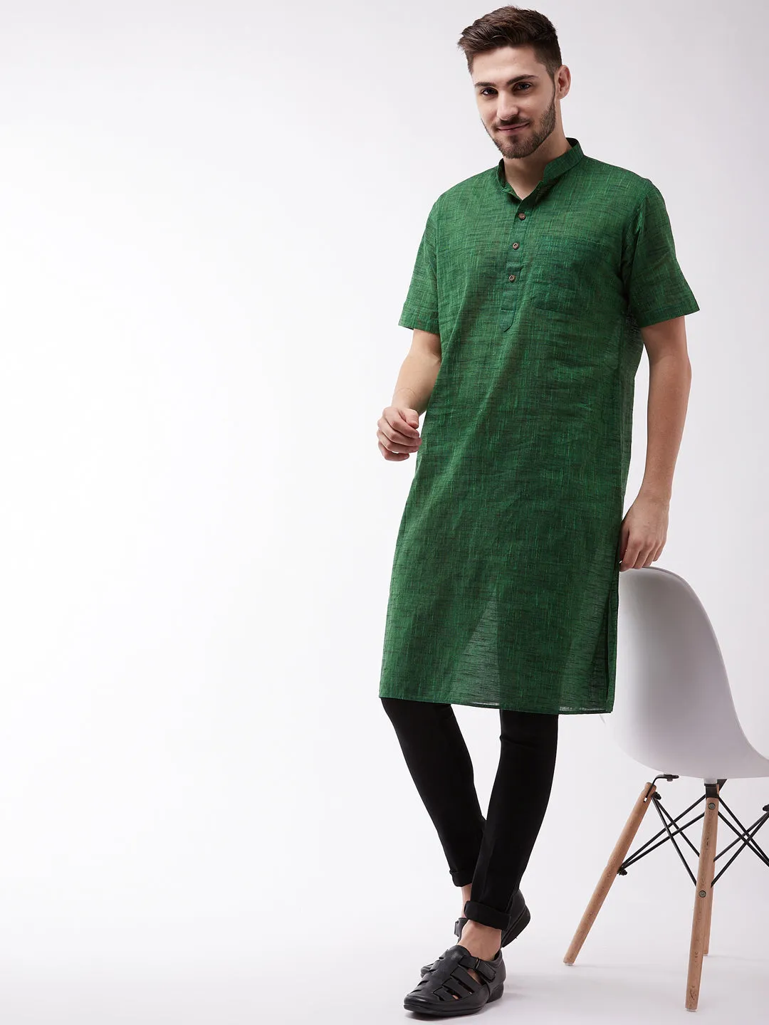 Men's Solid Green Pure Cotton Kurta - Vastramay