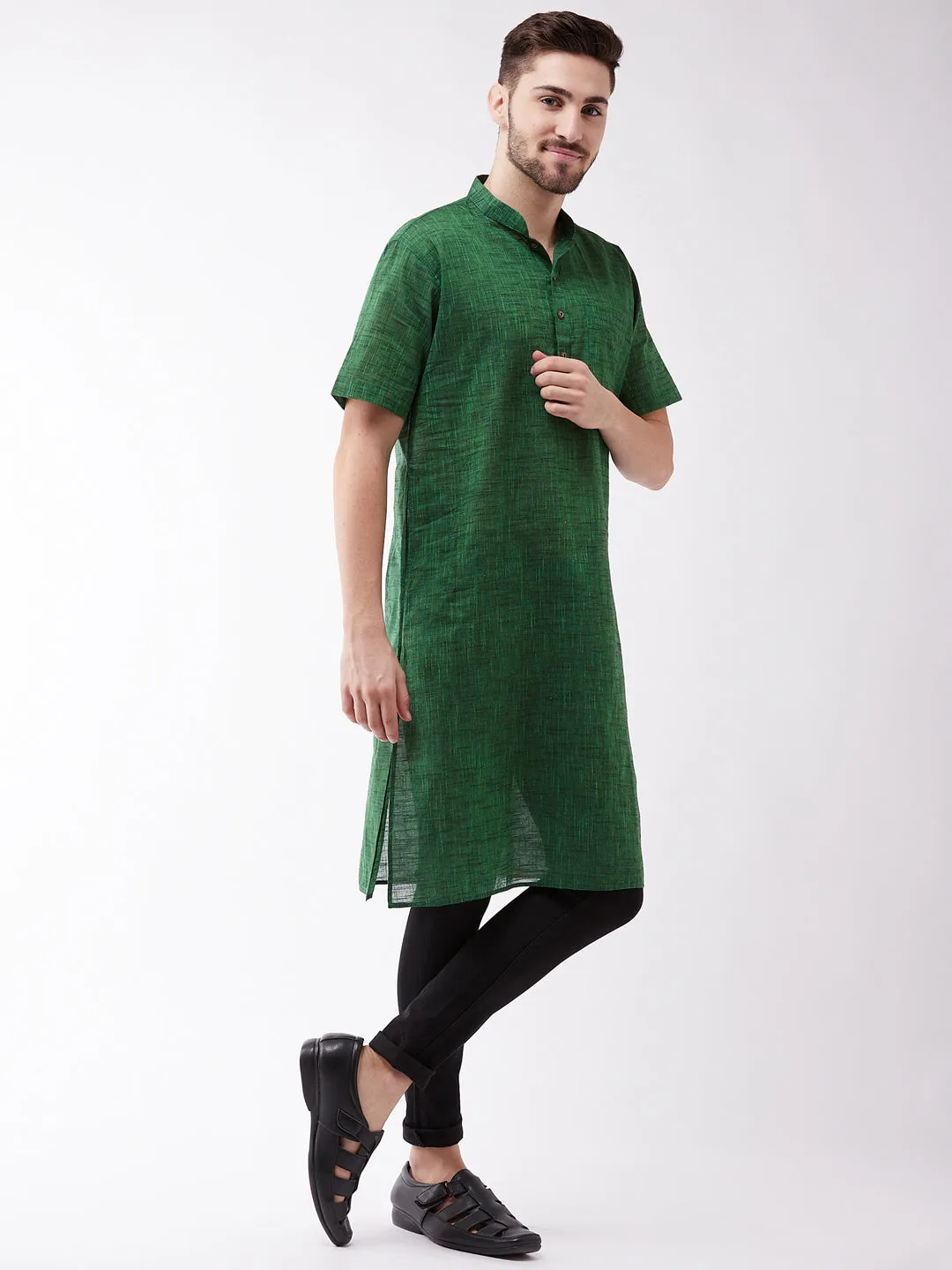 Men's Solid Green Pure Cotton Kurta - Vastramay