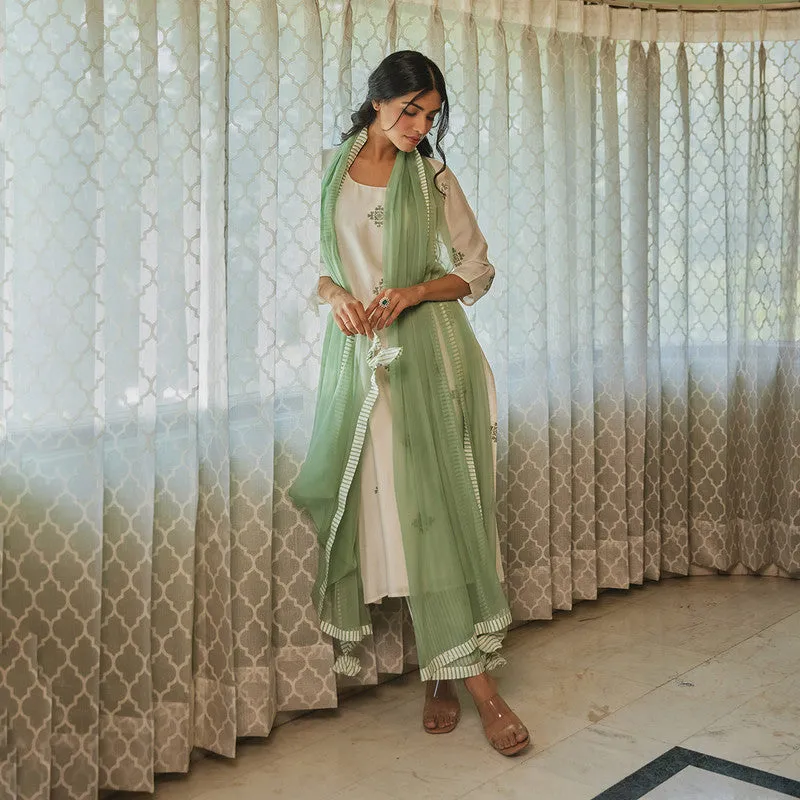 Muslin Kurta Set with Dupatta | Off-White | Embroidered