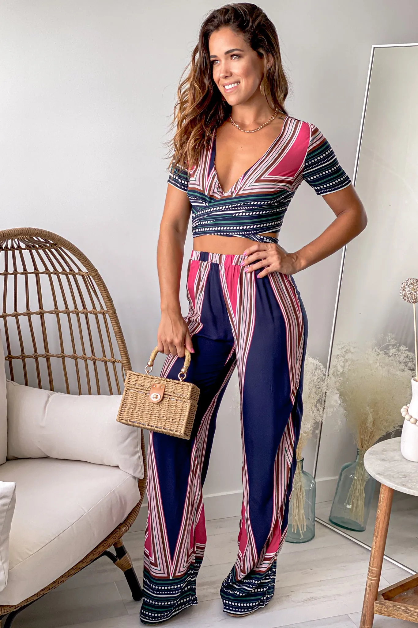 Navy Multi Color Top And Pants Set