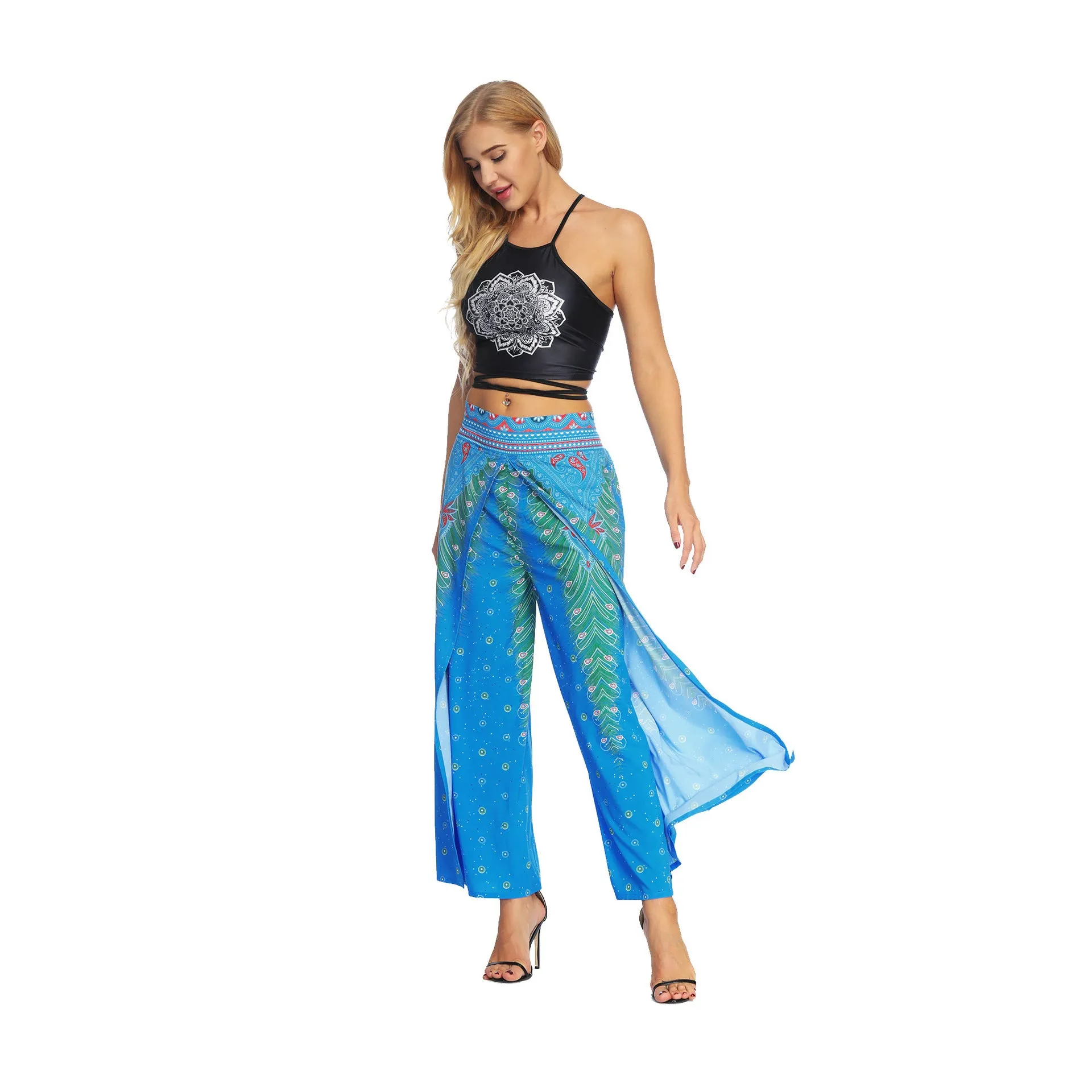 New Fashion Ethnic Digital Printing High-waist Wide-leg Yoga Pants