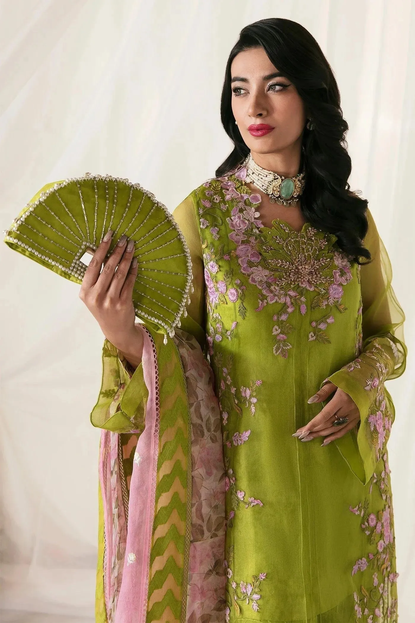 Nilofer Shahid - Chartreuse Green Organza Embroidered Shirt and Embroidered Net Pants with Tri-color Organza Dupatta - 3 Piece