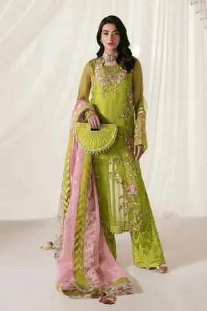 Nilofer Shahid - Chartreuse Green Organza Embroidered Shirt and Embroidered Net Pants with Tri-color Organza Dupatta - 3 Piece