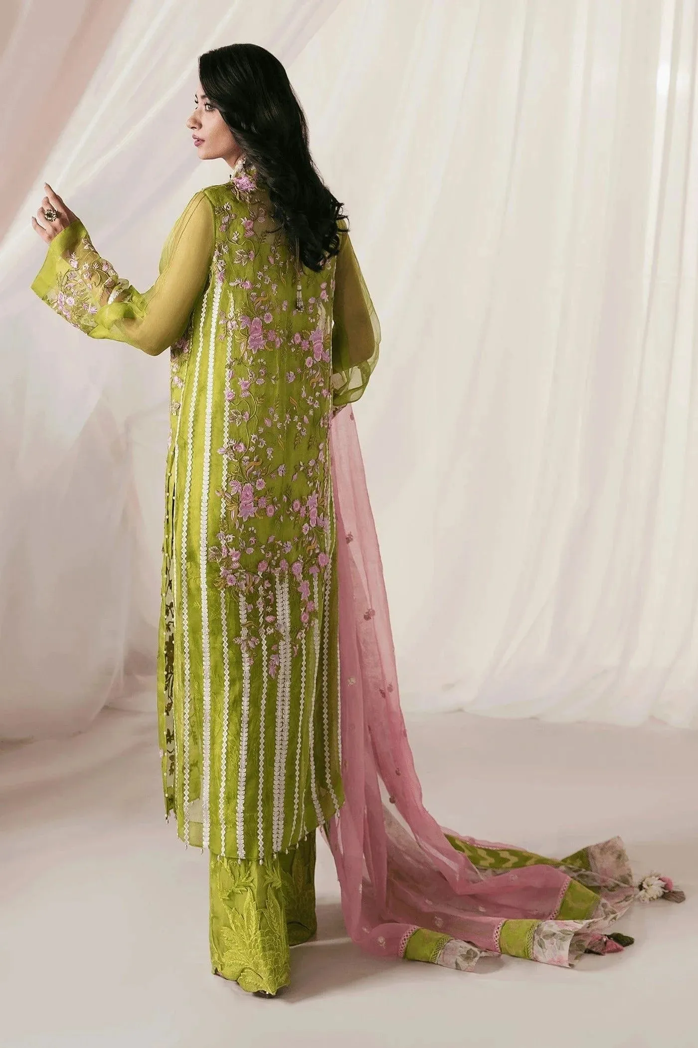 Nilofer Shahid - Chartreuse Green Organza Embroidered Shirt and Embroidered Net Pants with Tri-color Organza Dupatta - 3 Piece