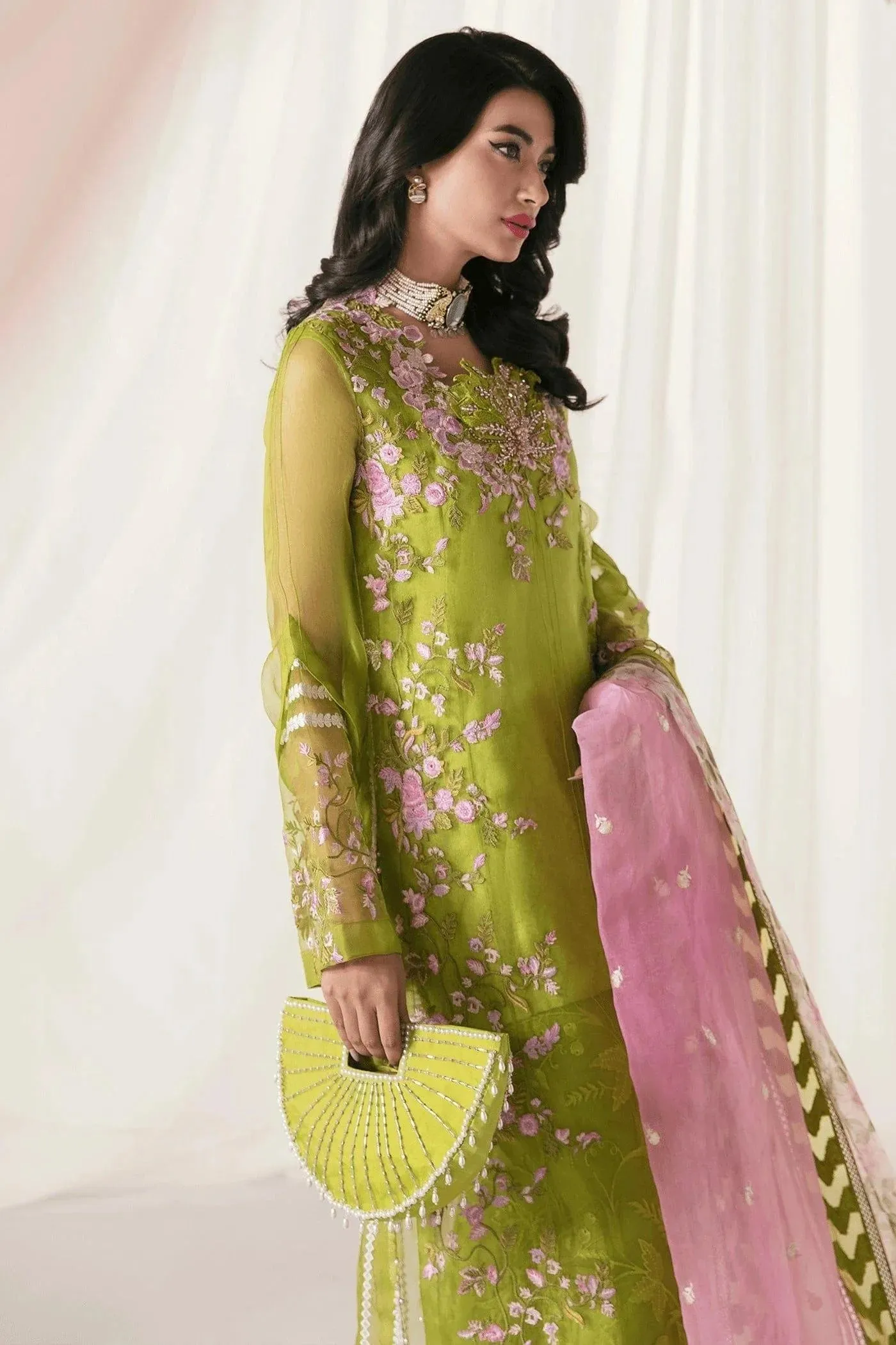 Nilofer Shahid - Chartreuse Green Organza Embroidered Shirt and Embroidered Net Pants with Tri-color Organza Dupatta - 3 Piece