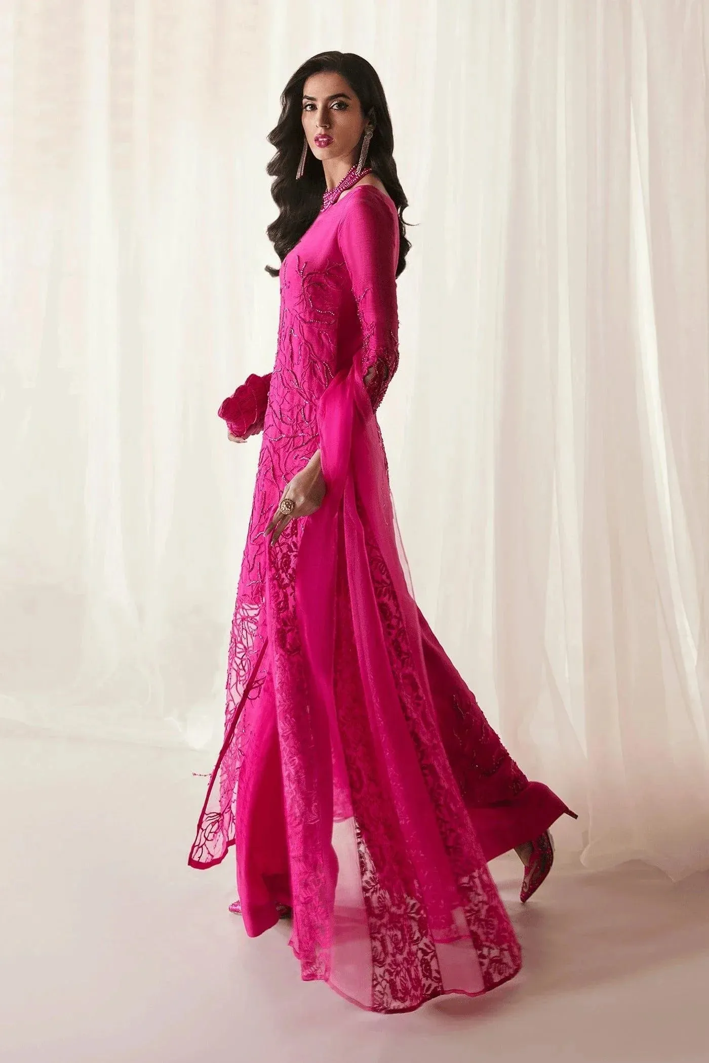 Nilofer Shahid - Korean Raw Silk Fuchsia Embroidered Shirt and Pants with Deep Pink Organza Dupatta - Euphoria - 3 Piece