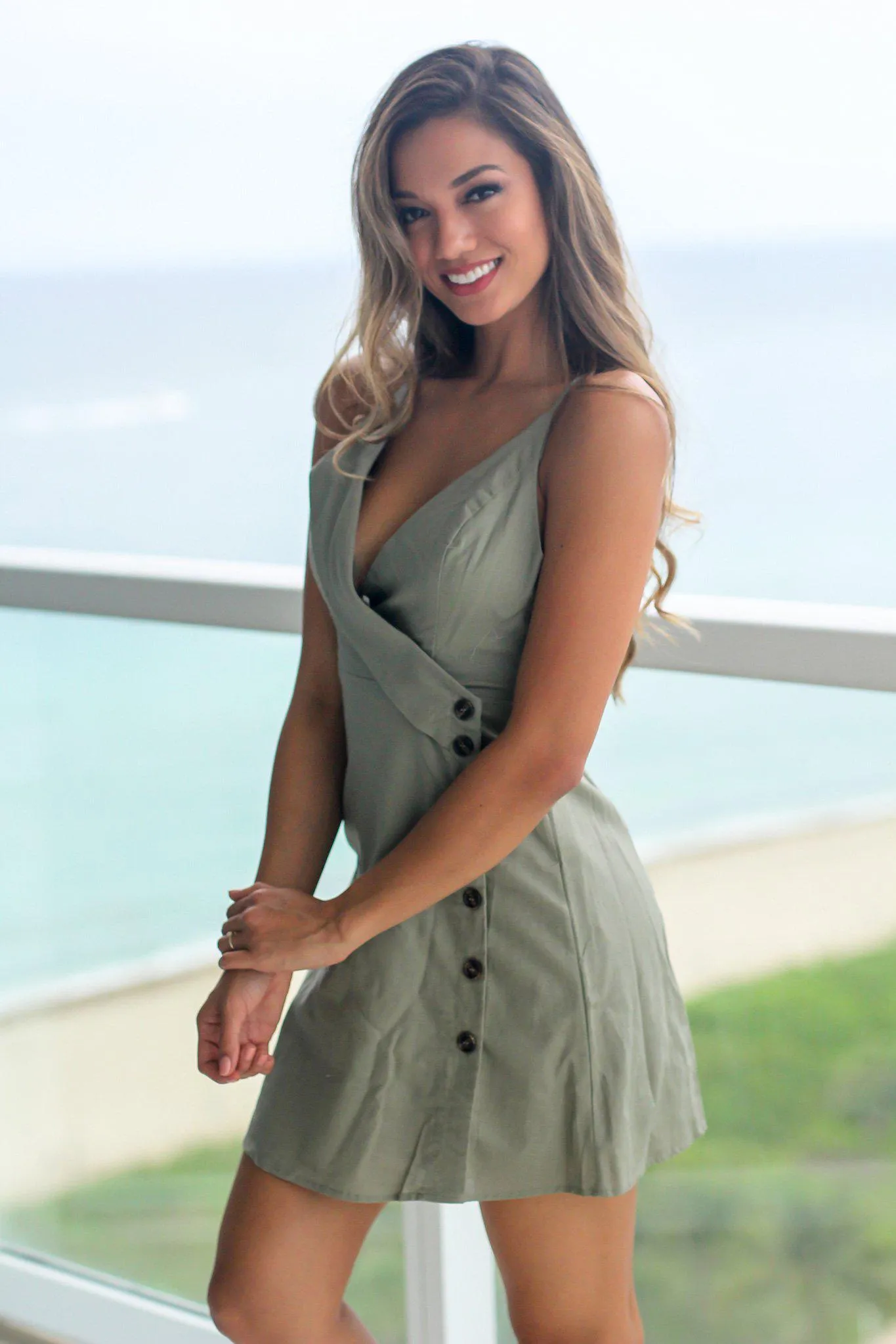 Olive Green Short Dress with Side Buttons