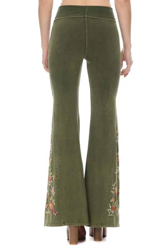 Olive Mineral Wash Floral Embroidered Flare Yoga Pants