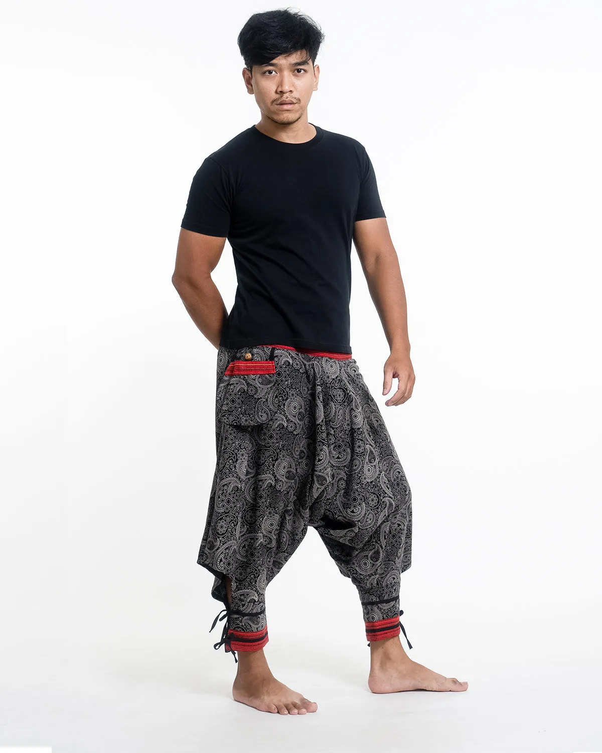 Paisley Thai Hill Tribe Fabric Drop Crotch Harem Pants with Ankle Straps in Black