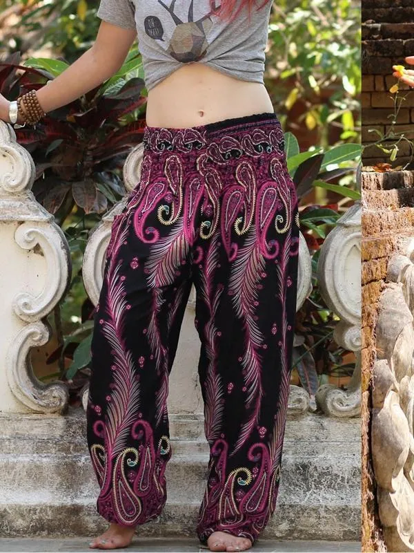 Peacock Feather Print Pocket Yoga Pants Casual High Waist Bloomers