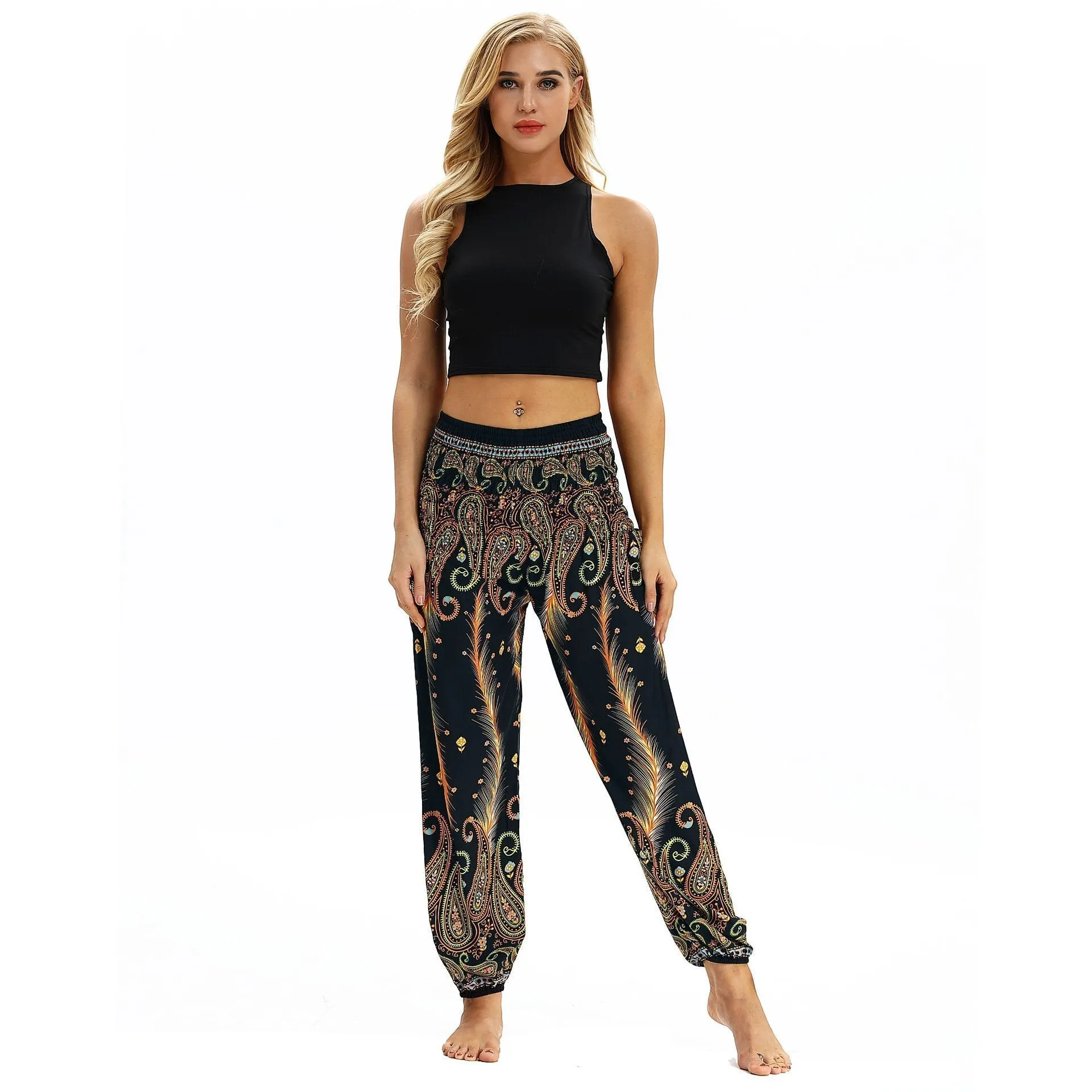 Peacock Feather Print Pocket Yoga Pants Casual High Waist Bloomers