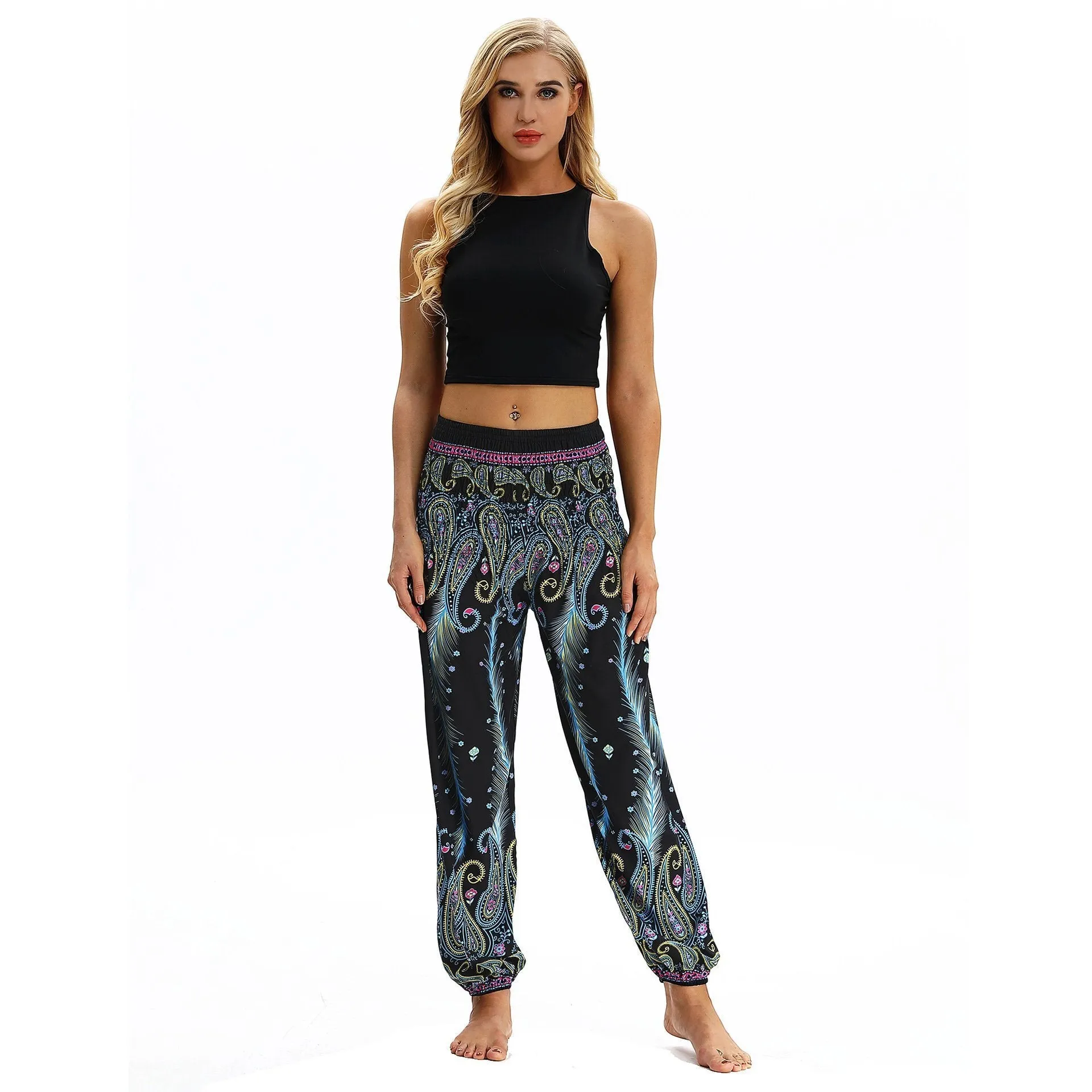 Peacock Feather Print Pocket Yoga Pants Casual High Waist Bloomers