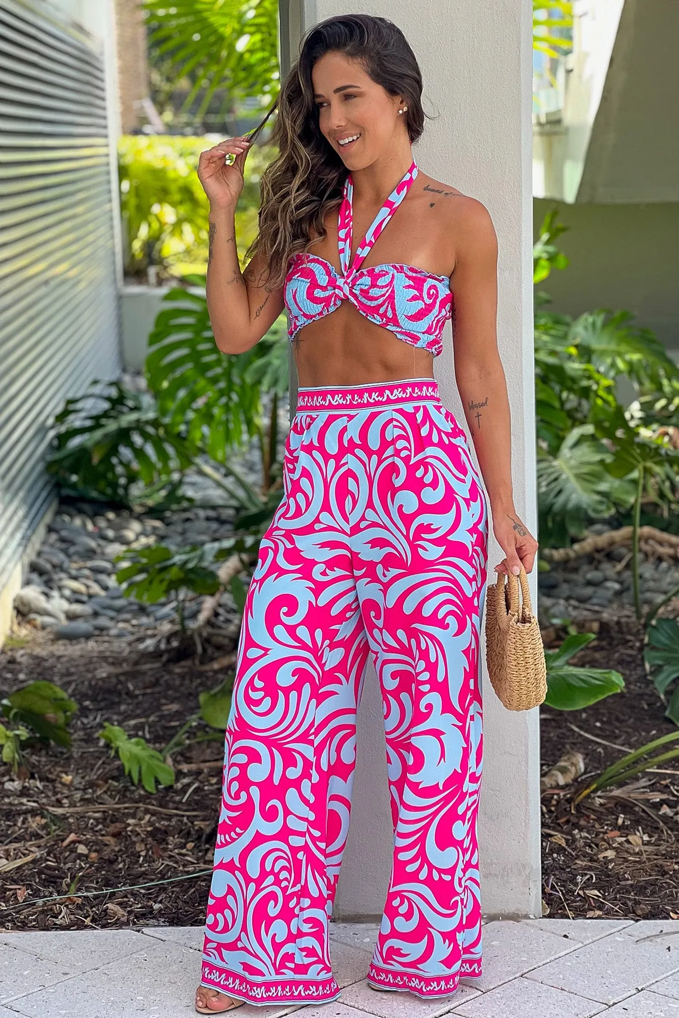 Pink And Blue Printed Top And Pants Set