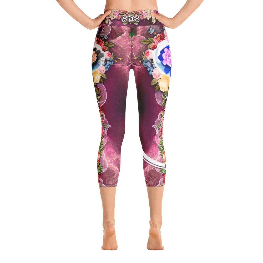 Pink Florals YOGA Capri Leggings Floral Print Capri Leggings Pink Capri Leggings for Yoga, PF