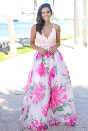 Pink Maxi Dress with Rose Printed Skirt