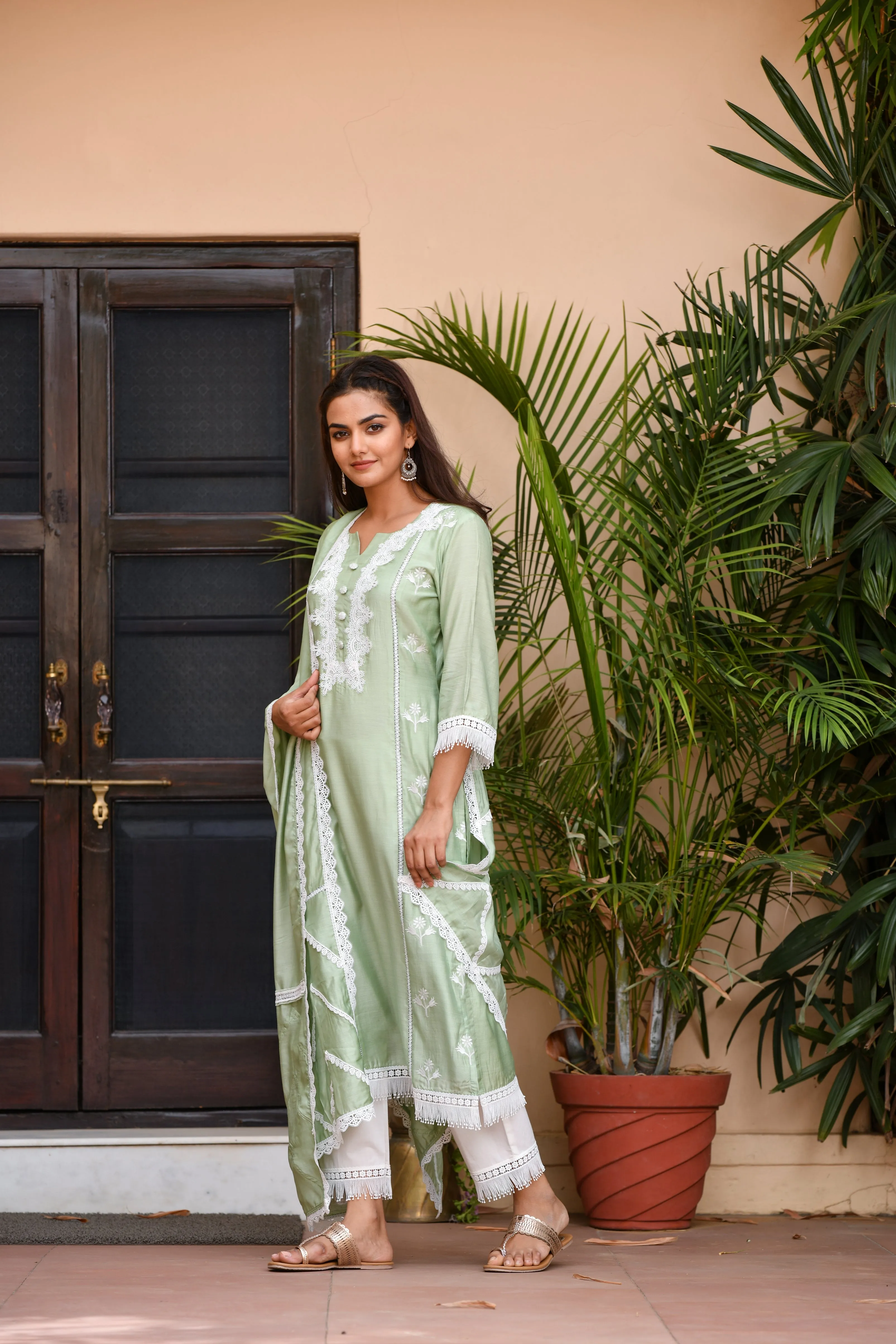 Pista Green Lace Silk Suit Set